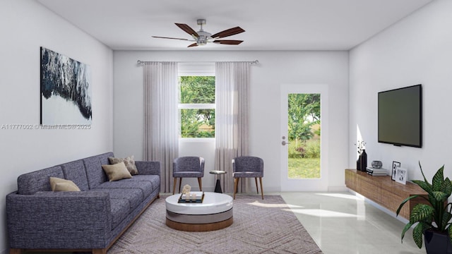 tiled living room featuring ceiling fan