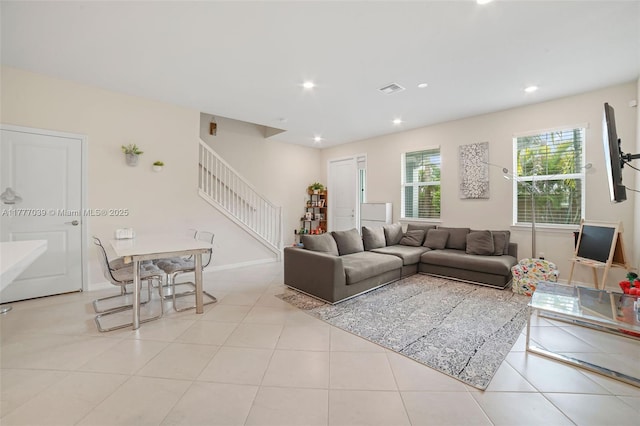 4154 Greenway Dr, Hollywood, FL 33021 - living room featuring stairs, light tile patterned floors, baseboards, visible vents, and recessed lighting