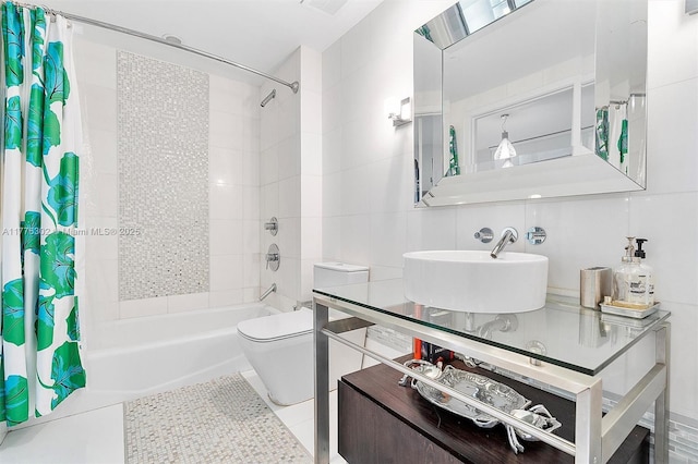 bathroom featuring tile walls, toilet, tile patterned floors, and shower / bath combination with curtain