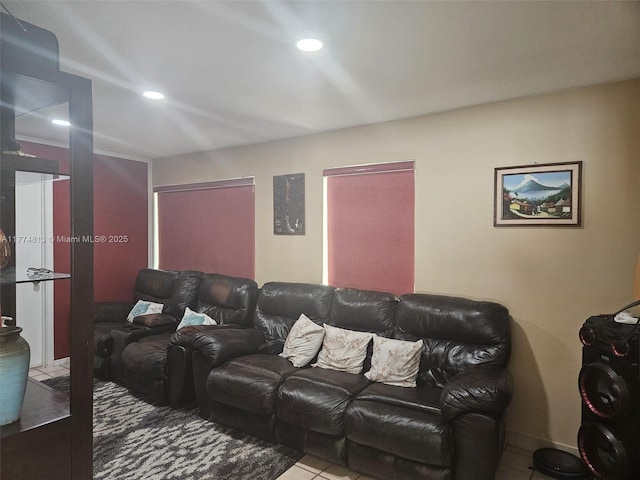 tiled living area with recessed lighting
