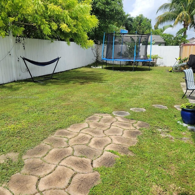 view of yard with a fenced backyard and a trampoline