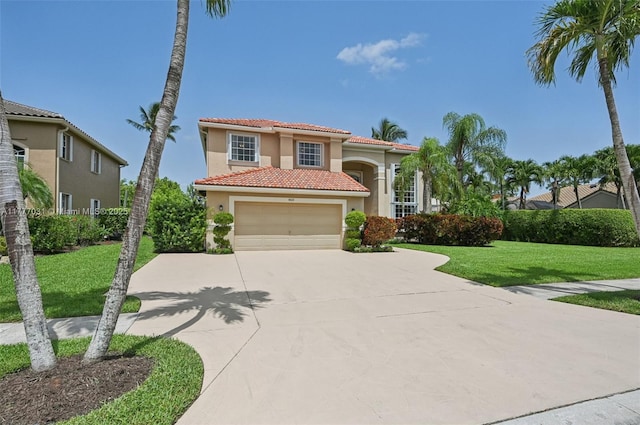 9145 Picot Ct, Boynton Beach, FL 33472 - mediterranean / spanish-style home featuring driveway, stucco siding, a garage, a tiled roof, and a front lawn