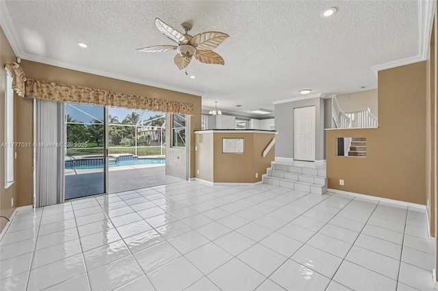9145 Picot Ct, Boynton Beach, FL 33472 - unfurnished living room featuring a ceiling fan, a textured ceiling, crown molding, baseboards, and recessed lighting