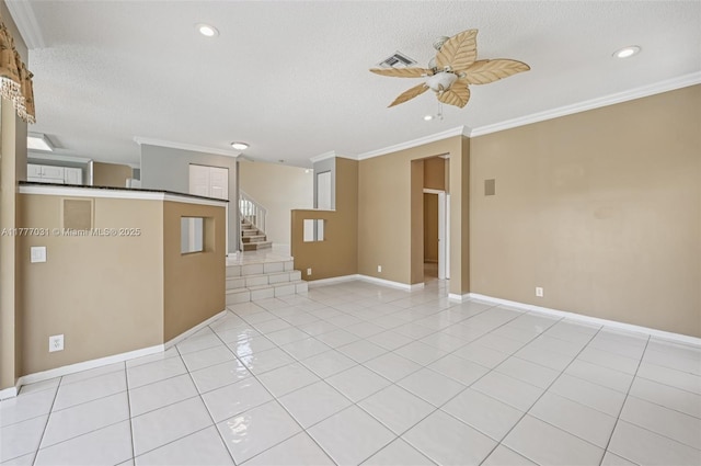 9145 Picot Ct, Boynton Beach, FL 33472 - unfurnished living room with a ceiling fan, ornamental molding, baseboards, recessed lighting, and a textured ceiling