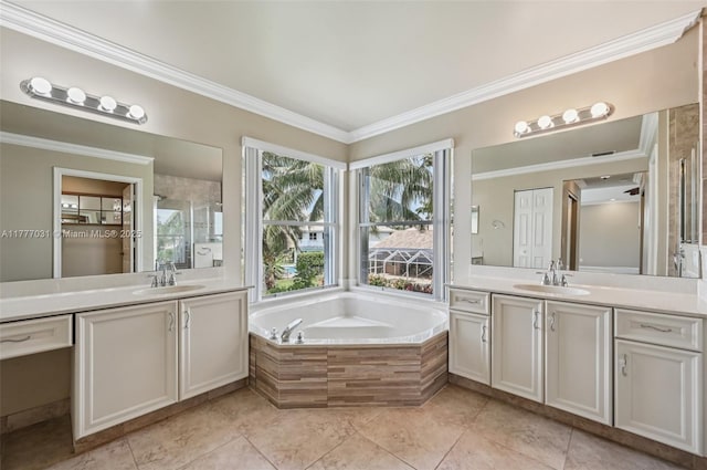9145 Picot Ct, Boynton Beach, FL 33472 - full bath with two vanities, crown molding, a garden tub, and tile patterned flooring