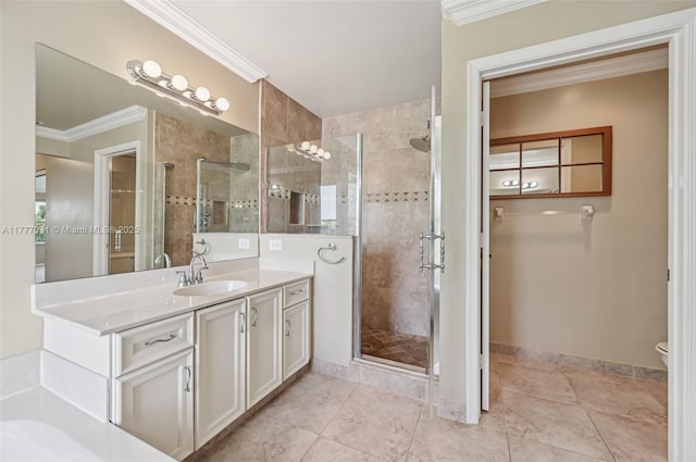9145 Picot Ct, Boynton Beach, FL 33472 - bathroom with crown molding, vanity, a stall shower, toilet, and baseboards