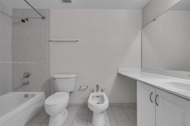 bathroom featuring tile patterned floors, toilet, vanity, shower / bathtub combination, and baseboards