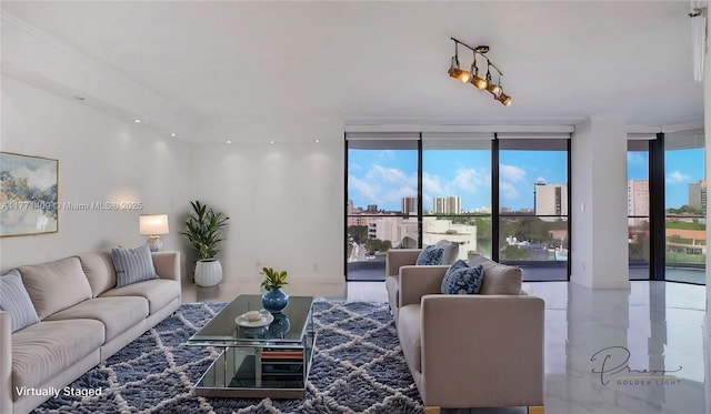 living room featuring expansive windows and a view of city