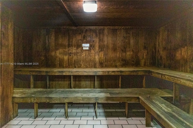 view of sauna / steam room with tile patterned floors