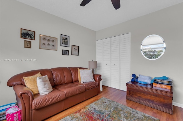 14773 Cumberland Dr Unit 208, Delray Beach, FL 33446 - living room with ceiling fan and wood finished floors