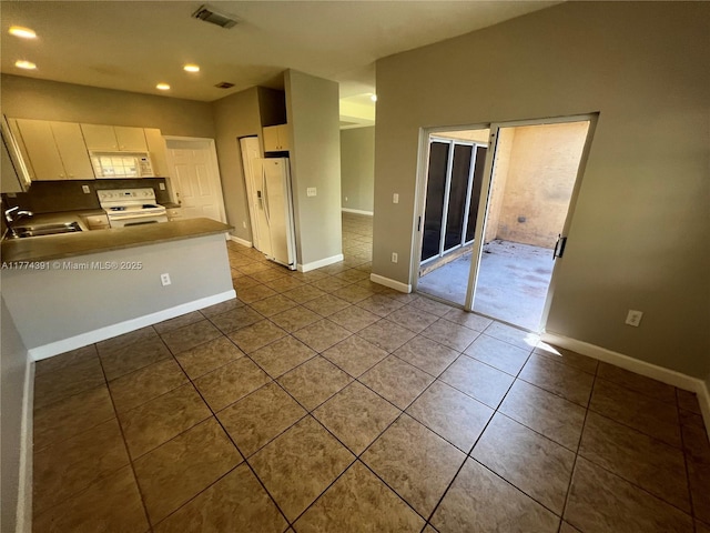 kitchen featuring white cabinetry, white appliances, a sink, visible vents, and a peninsula