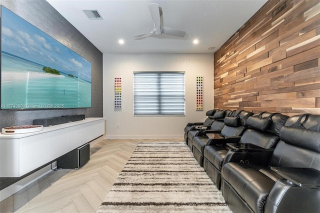 home theater room with visible vents, recessed lighting, and a ceiling fan