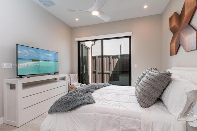 bedroom with a ceiling fan, recessed lighting, access to outside, and visible vents