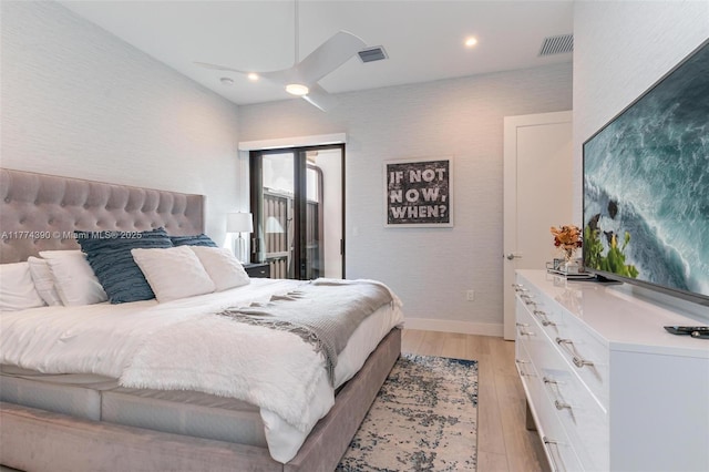 bedroom featuring baseboards, visible vents, light wood-style floors, and recessed lighting