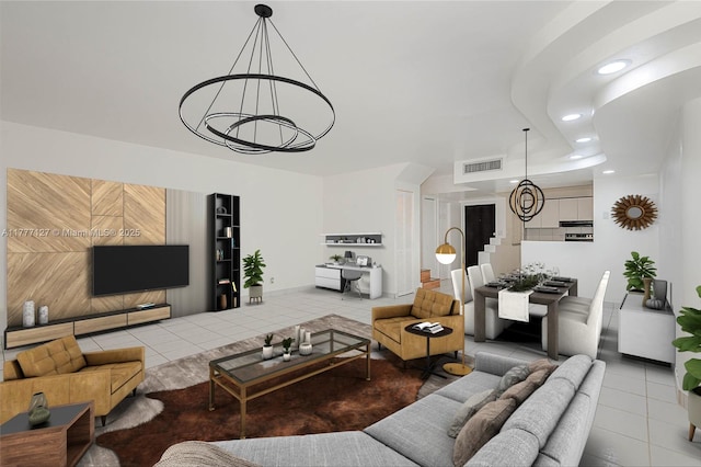 living room with visible vents, recessed lighting, stairs, and tile patterned flooring