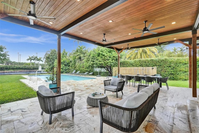 11060 Griffing Blvd, Biscayne Park, FL 33161 - view of patio / terrace featuring outdoor dining area, an outdoor living space, an outdoor pool, and fence