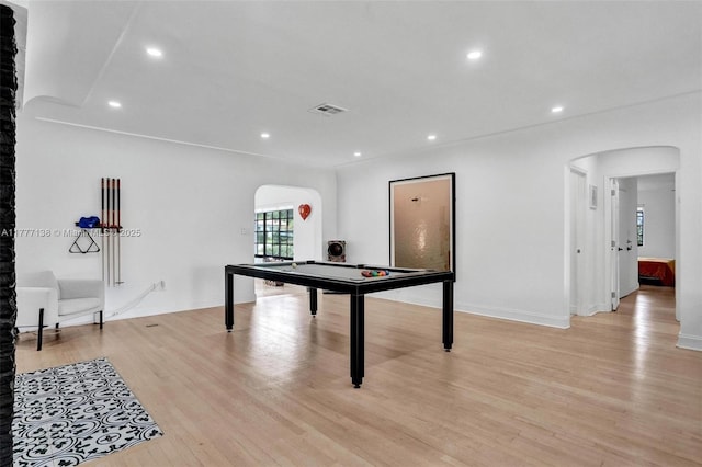 11060 Griffing Blvd, Biscayne Park, FL 33161 - rec room with light wood-style flooring, arched walkways, billiards, and visible vents