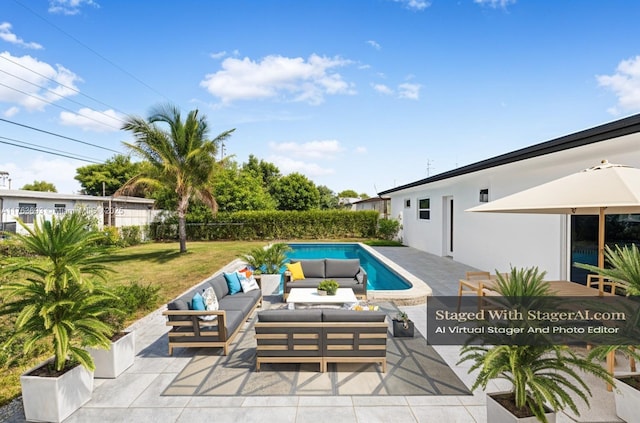 6335 Southgate Blvd, Margate, FL 33068 - view of swimming pool with an outdoor hangout area, a patio area, and a lawn