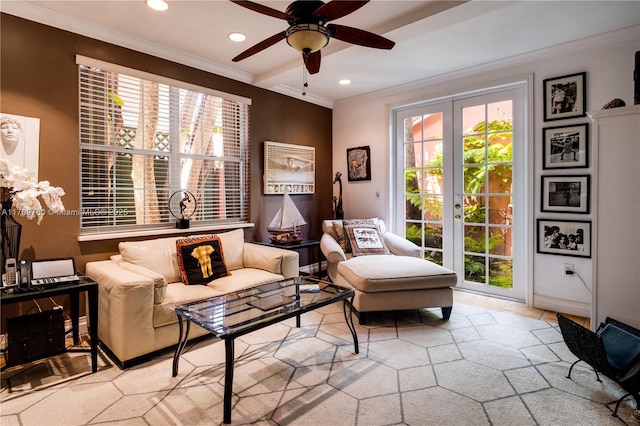 sitting room with french doors, ornamental molding, beamed ceiling, ceiling fan, and recessed lighting