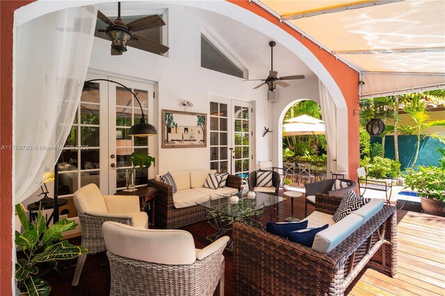 view of patio with french doors, an outdoor hangout area, and ceiling fan