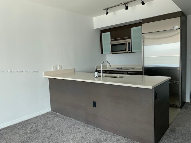 55 SE 6th St Unit 2404, Miami, FL 33131 - kitchen featuring a peninsula, modern cabinets, appliances with stainless steel finishes, light colored carpet, and a sink