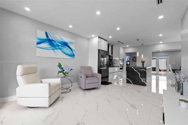 9025 SW 56th St, Miami, FL 33165 - living area with recessed lighting, baseboards, light marble finish floors, and french doors