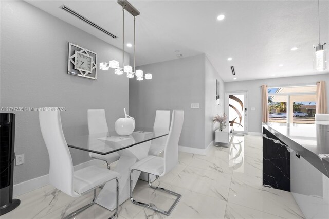 9025 SW 56th St, Miami, FL 33165 - dining area with baseboards, light marble finish floors, and recessed lighting
