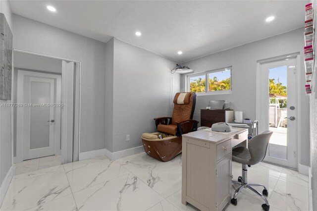 9025 SW 56th St, Miami, FL 33165 - home office with recessed lighting, baseboards, and light marble finish flooring