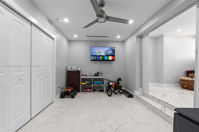 9025 SW 56th St, Miami, FL 33165 - interior space with marble look tile flooring, baseboards, recessed lighting, and a ceiling fan