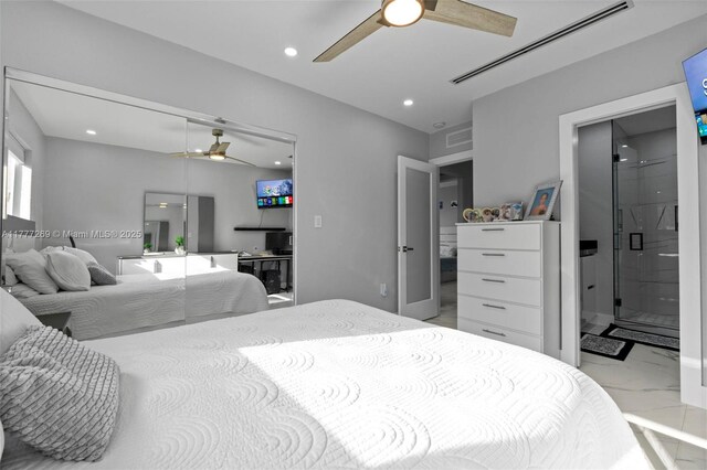 9025 SW 56th St, Miami, FL 33165 - bedroom featuring marble look tiles, recessed lighting, ceiling fan, and ensuite bath