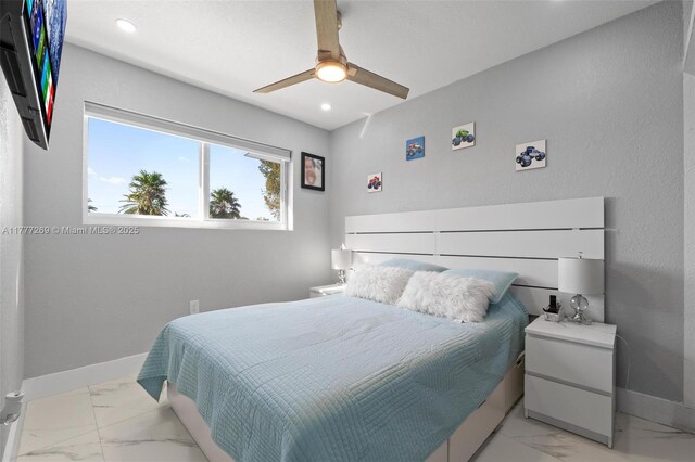 9025 SW 56th St, Miami, FL 33165 - bedroom with light marble finish floors, baseboards, recessed lighting, and ceiling fan