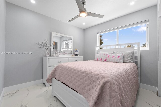 9025 SW 56th St, Miami, FL 33165 - bedroom featuring baseboards, light marble finish flooring, recessed lighting, and a ceiling fan