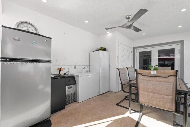 9025 SW 56th St, Miami, FL 33165 - kitchen featuring freestanding refrigerator, recessed lighting, fridge, light carpet, and a ceiling fan