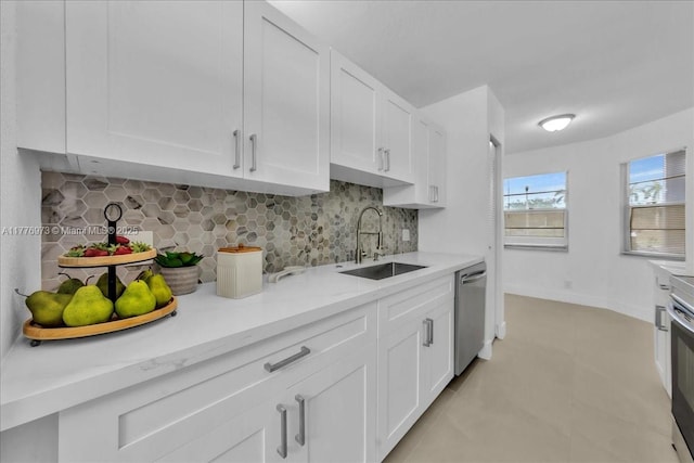 650 SW 124th Ter Unit 105P, Pembroke Pines, FL 33027 - kitchen featuring a sink, dishwasher, white cabinets, and decorative backsplash