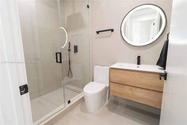full bath with a shower stall, toilet, and vanity