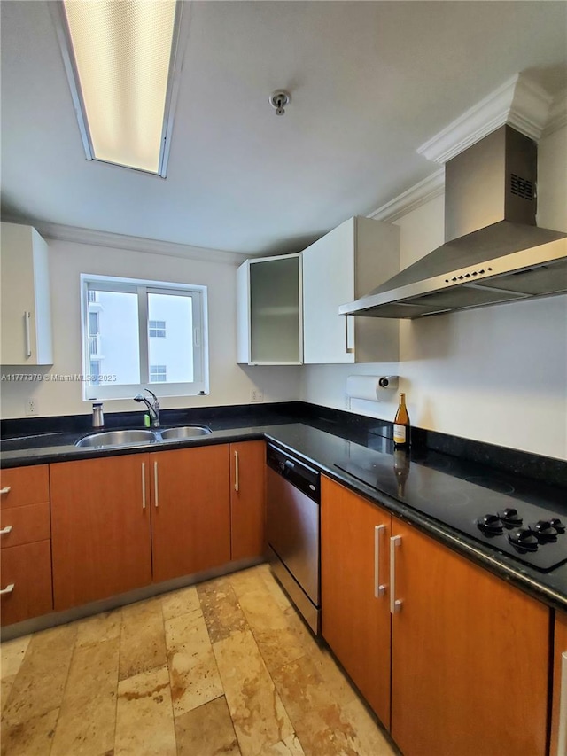 170 SE 14th St Unit 2705, Miami, FL 33131 - kitchen featuring dishwasher, a sink, wall chimney exhaust hood, crown molding, and dark countertops