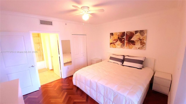 170 SE 14th St Unit 2705, Miami, FL 33131 - bedroom featuring crown molding, ensuite bathroom, and ceiling fan