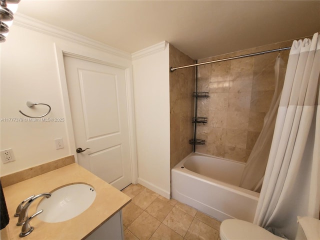 170 SE 14th St Unit 2705, Miami, FL 33131 - full bathroom featuring vanity, shower / tub combo, toilet, ornamental molding, and baseboards