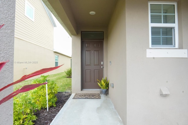 view of exterior entry featuring stucco siding