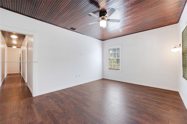 empty room featuring a ceiling fan, wooden ceiling, and wood finished floors