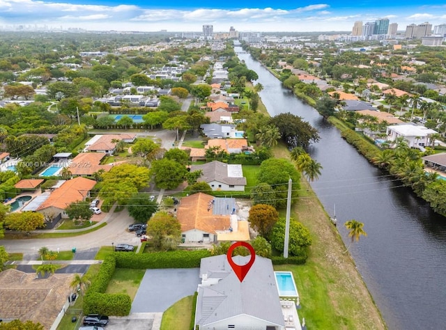 aerial view featuring a water view