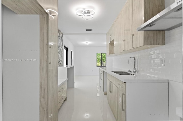 1640 NE 183rd St, North Miami Beach, FL 33179 - kitchen with modern cabinets, a sink, under cabinet range hood, backsplash, and light countertops