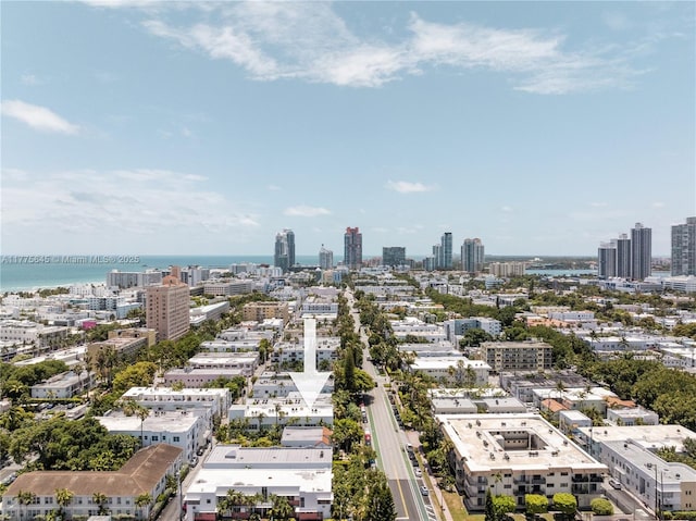 drone / aerial view featuring a city view and a water view