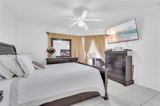 bedroom featuring a ceiling fan and light tile patterned flooring