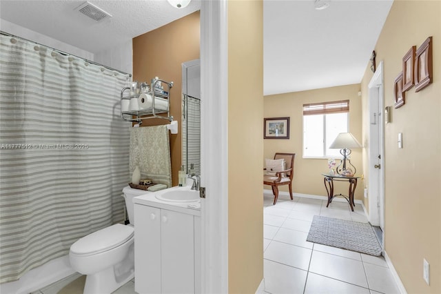 full bathroom with tile patterned flooring, vanity, toilet, a shower with shower curtain, and visible vents