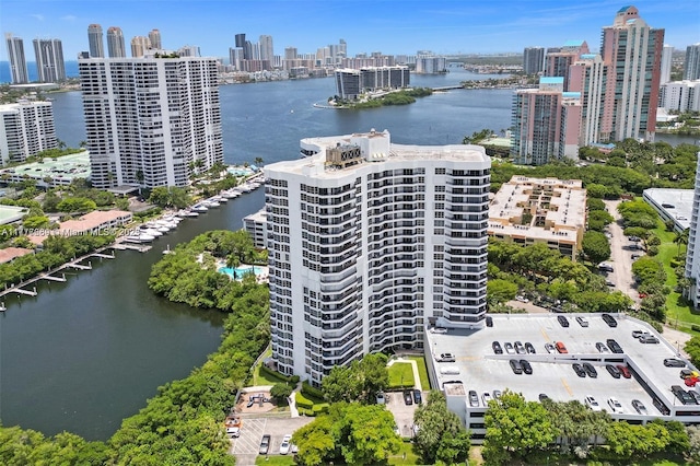 bird's eye view with a water view and a view of city