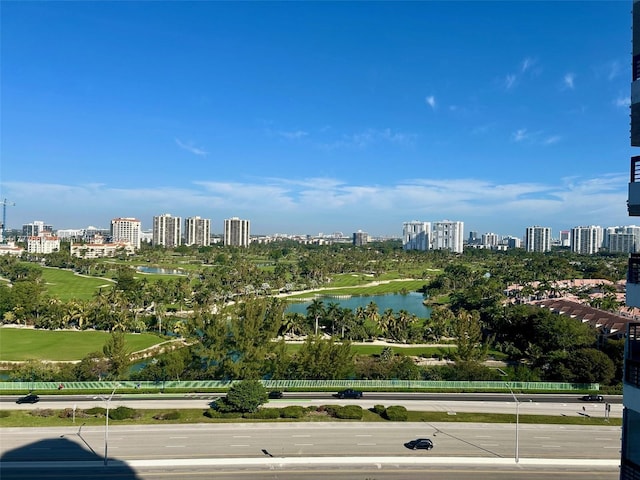 aerial view featuring a water view and a city view