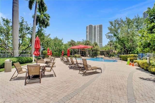 community pool featuring a patio and fence