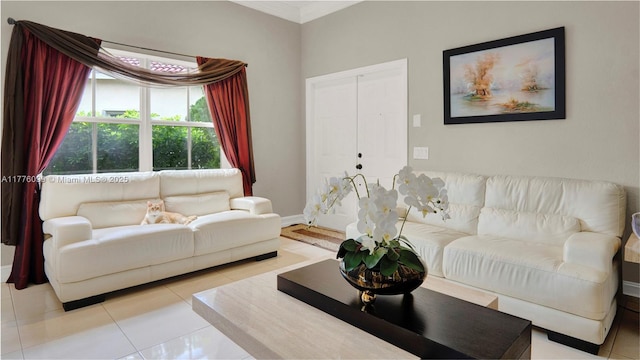 living room with baseboards, crown molding, and tile patterned floors