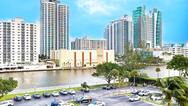 property's view of city featuring a water view